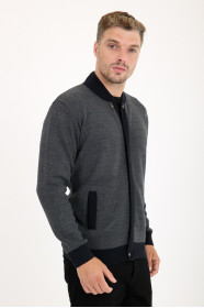 Dark Grey Bomber Collar Zip Snap Wool Knit Jacket