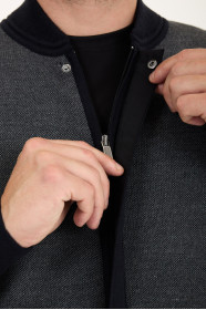 Dark Grey Bomber Collar Zip Snap Wool Knit Jacket