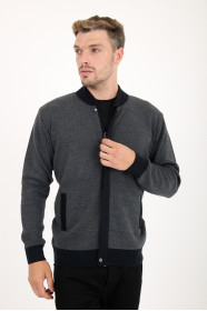 Dark Grey Bomber Collar Zip Snap Wool Knit Jacket