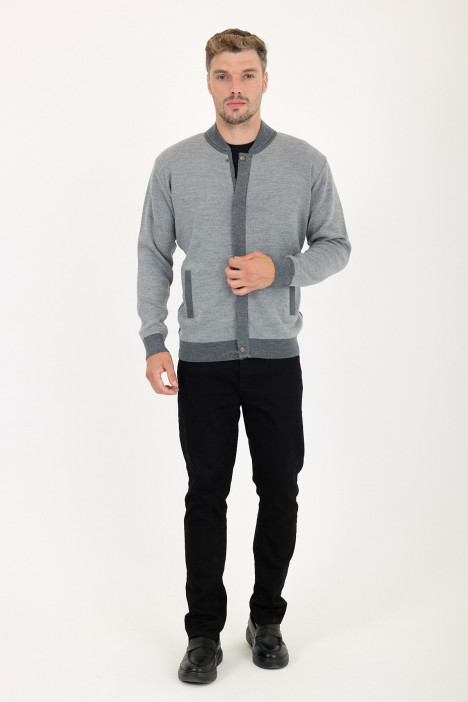 Dark Grey / Mid Grey Bomber Collar Zip Snap Wool Knit Jacket