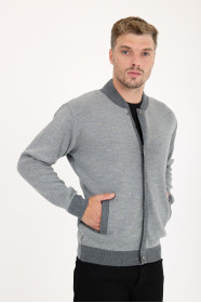 Dark Grey / Mid Grey Bomber Collar Zip Snap Wool Knit Jacket