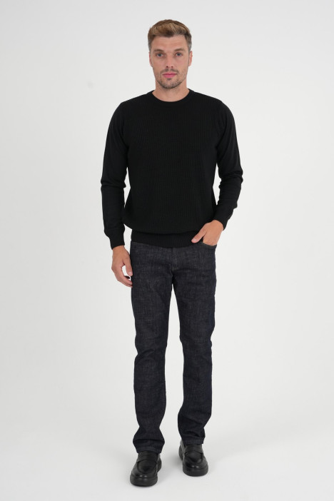 Black Waffle Knit Crew Neck Wool Sweater