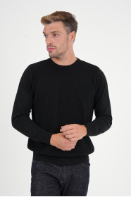 Black Waffle Knit Crew Neck Wool Sweater