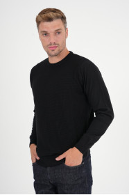 Black Waffle Knit Crew Neck Wool Sweater