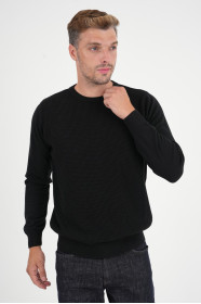 Black Waffle Knit Crew Neck Wool Sweater