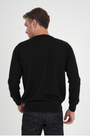 Black Waffle Knit Crew Neck Wool Sweater