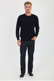 Navy Waffle Knit Crew Neck Wool Sweater