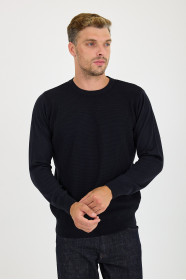 Navy Waffle Knit Crew Neck Wool Sweater