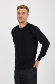 Navy Waffle Knit Crew Neck Wool Sweater