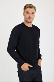 Navy Waffle Knit Crew Neck Wool Sweater