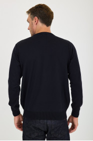 Navy Waffle Knit Crew Neck Wool Sweater
