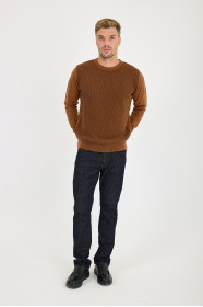 Tan Waffle Knit Crew Neck Wool Sweater