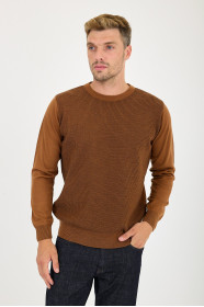 Tan Waffle Knit Crew Neck Wool Sweater