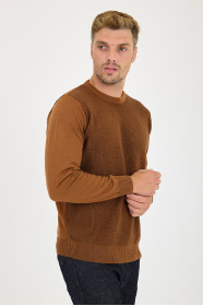 Tan Waffle Knit Crew Neck Wool Sweater