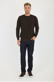 Brown Melange Waffle Knit Crew Neck Wool Sweater