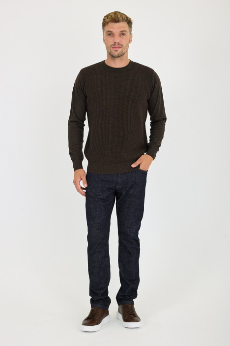 Brown Melange Waffle Knit Crew Neck Wool Sweater