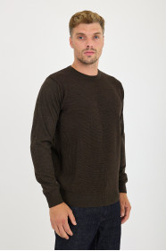 Brown Melange Waffle Knit Crew Neck Wool Sweater