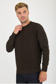 Brown Melange Waffle Knit Crew Neck Wool Sweater