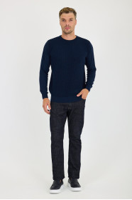 Blue Melange Waffle Knit Crew Neck Wool Sweater