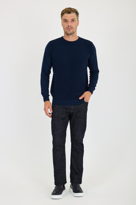 Blue Melange Waffle Knit Crew Neck Wool Sweater