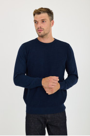 Blue Melange Waffle Knit Crew Neck Wool Sweater