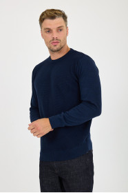 Blue Melange Waffle Knit Crew Neck Wool Sweater