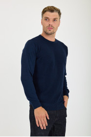 Blue Melange Waffle Knit Crew Neck Wool Sweater