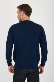 Blue Melange Waffle Knit Crew Neck Wool Sweater