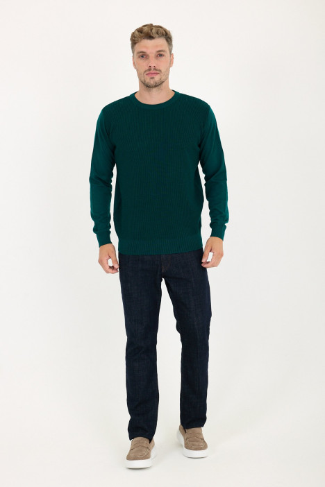 Bottle Green Waffle Knit Crew Neck Wool Sweater