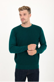 Bottle Green Waffle Knit Crew Neck Wool Sweater