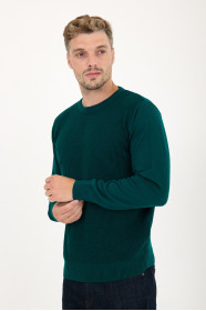Bottle Green Waffle Knit Crew Neck Wool Sweater