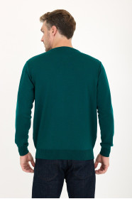 Bottle Green Waffle Knit Crew Neck Wool Sweater