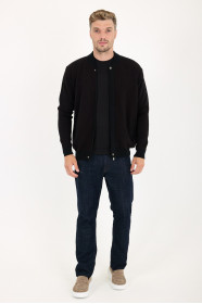 Black Bomber Collar Zip Snap Wool Knit Jacket