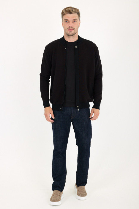 Black Bomber Collar Zip Snap Wool Knit Jacket