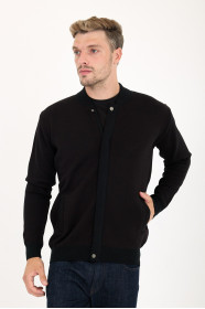 Black Bomber Collar Zip Snap Wool Knit Jacket