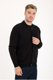 Black Bomber Collar Zip Snap Wool Knit Jacket