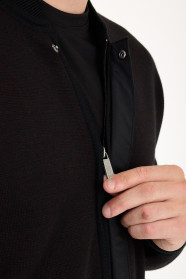 Black Bomber Collar Zip Snap Wool Knit Jacket