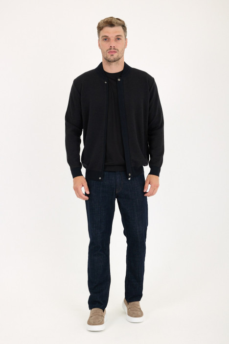 Brown Melange Bomber Collar Zip Snap Wool Knit Jacket