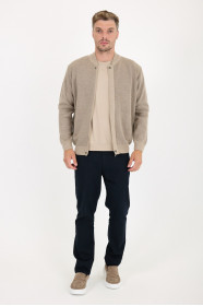 Dark Beige Bomber Collar Zip Snap Wool Knit Jacket