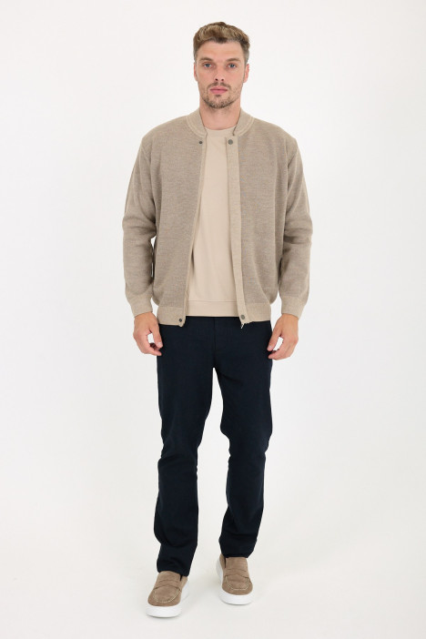 Dark Beige Bomber Collar Zip Snap Wool Knit Jacket