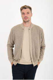 Dark Beige Bomber Collar Zip Snap Wool Knit Jacket
