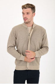 Dark Beige Bomber Collar Zip Snap Wool Knit Jacket