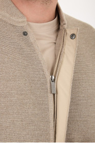 Dark Beige Bomber Collar Zip Snap Wool Knit Jacket