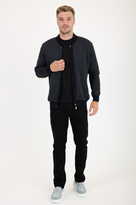 Dark Grey Bomber Collar Zip Snap Wool Knit Jacket