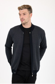 Dark Grey Bomber Collar Zip Snap Wool Knit Jacket