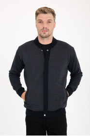 Dark Grey Bomber Collar Zip Snap Wool Knit Jacket