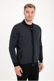 Dark Grey Bomber Collar Zip Snap Wool Knit Jacket