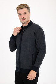 Dark Grey Bomber Collar Zip Snap Wool Knit Jacket