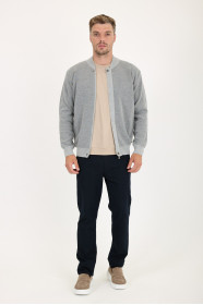 Mid Grey Bomber Collar Zip Snap Wool Knit Jacket