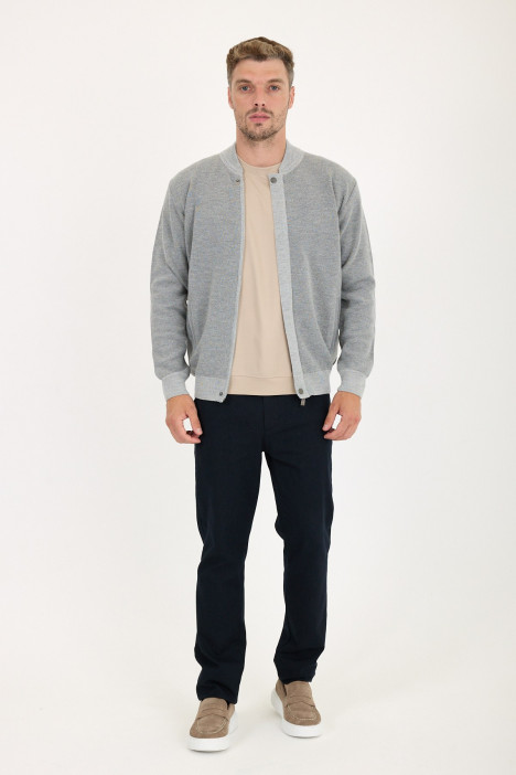 Mid Grey Bomber Collar Zip Snap Wool Knit Jacket